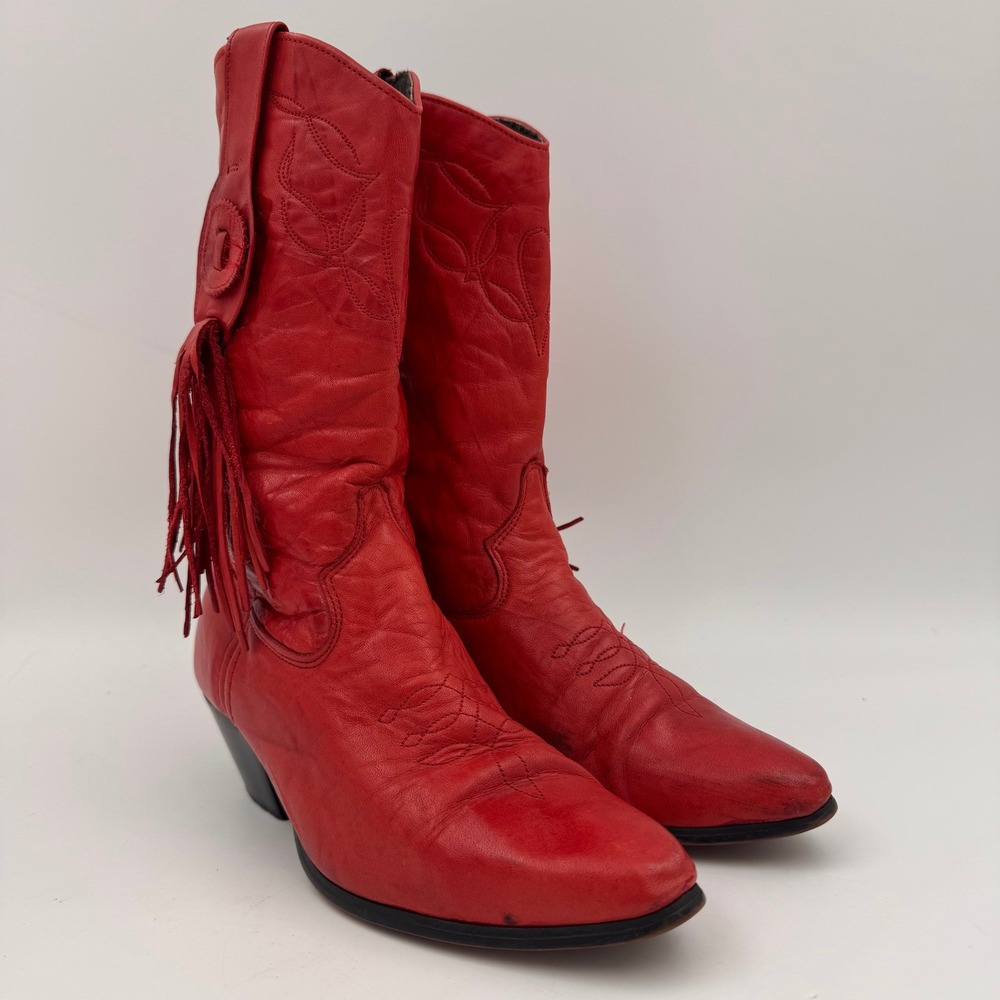 VTG 90s Laredo Red Leather Fringe Western Cowgirl Boots Tassel 6.5M Made in USA